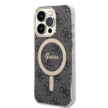 Guess GUBPP14LH4EACSK futrālis + bezvadu lādētājs Apple iPhone 14 Pro melns cietais futrālis, 4G Print, MagSafe
