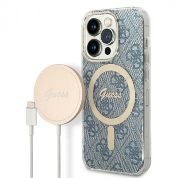 Guess GUBPP14XH4EACSB futrālis + bezvadu lādētājs Apple iPhone 14 Pro Max zils cietais futrālis, 4G Print, MagSafe