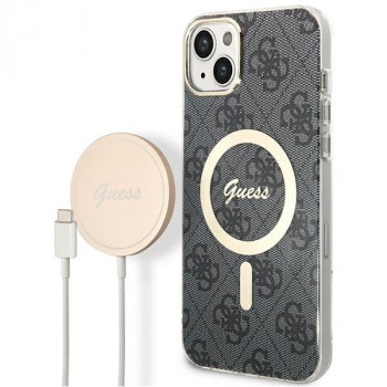 Guess GUBPP14MH4EACSK Maciņš + bezvadu lādētājs Apple iPhone 14 Plus / iPhone 15 Plus, melns, 4G Print, MagSafe