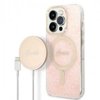 Guess GUBPP14LH4EACSP Maciņš + bezvadu lādētājs Apple iPhone 14 Pro rozā cietais maciņš, 4G Print, MagSafe