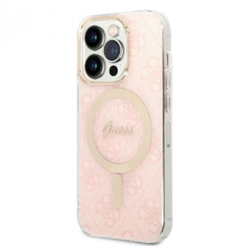 Guess GUBPP14LH4EACSP Maciņš + bezvadu lādētājs Apple iPhone 14 Pro rozā cietais maciņš, 4G Print, MagSafe