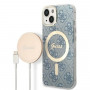 Guess GUBPP14MH4EACSB maciņš + bezvadu lādētājs Apple iPhone 14 Plus / iPhone 15 Plus, zils, 4G Print, MagSafe