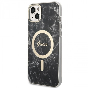 Guess GUBPP14MHMEACSK vāciņš + bezvadu lādētājs Apple iPhone 14 Plus / iPhone 15 Plus, melns cietais vāciņš, Marble, MagSafe