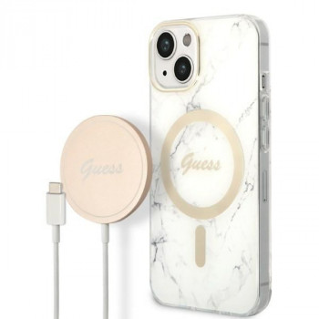 Guess GUBPP14MHMEACSH futrālis + bezvadu lādētājs Apple iPhone 14 Plus / iPhone 15 Plus, balts cietais futrālis, Marble, MagSafe