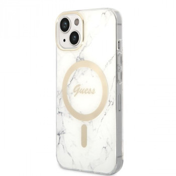 Guess GUBPP14MHMEACSH futrālis + bezvadu lādētājs Apple iPhone 14 Plus / iPhone 15 Plus, balts cietais futrālis, Marble, MagSafe