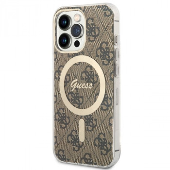Guess GUBPP13LH4EACSW Maciņš + bezvadu lādētājs Apple iPhone 13 Pro, brūns cietais maciņš, 4G Print, MagSafe