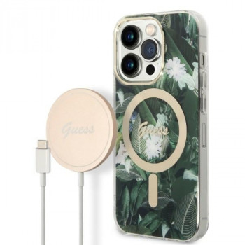 Guess GUBPP14XHJEACSA futrālis + bezvadu lādētājs Apple iPhone 14 Pro Max, Jungle, zaļš cietais futrālis, MagSafe