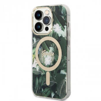 Guess GUBPP14XHJEACSA futrālis + bezvadu lādētājs Apple iPhone 14 Pro Max, Jungle, zaļš cietais futrālis, MagSafe