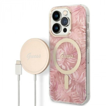Guess GUBPP14LHJEACSP komplekts — Guess Jungle ciets maciņš un bezvadu lādētājs Apple iPhone 14 Pro, rozā, MagSafe