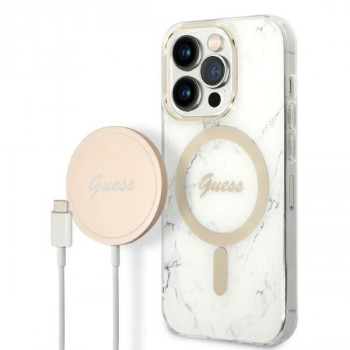 Guess GUBPP14LHMEACSH futrālis + bezvadu lādētājs Apple iPhone 14 Pro, balts cietais futrālis, Marble, MagSafe