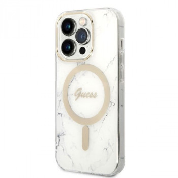 Guess GUBPP14LHMEACSH futrālis + bezvadu lādētājs Apple iPhone 14 Pro, balts cietais futrālis, Marble, MagSafe