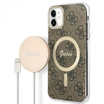 Guess GUBPN61H4EACSW apvalks + bezvadu lādētājs Apple iPhone 11, 4G Print, brūns cietais apvalks, MagSafe