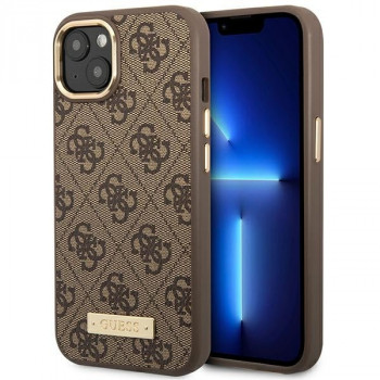 Guess GUHMP14MU4GPRW Apple iPhone 14 Plus / 15 Plus brūns cietais maciņš, 4G Logo Plate, MagSafe