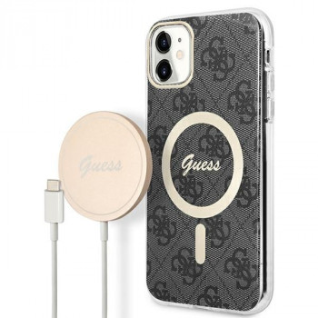 Guess GUBPN61H4EACSK maciņš + bezvadu lādētājs Apple iPhone 11, 4G Print, melns cietais maciņš, MagSafe
