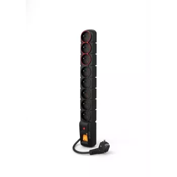 ACAR-S8-DUAL POWER STRIP 8-Way pārsprieguma aizsardzības sadalītājs ar 2 izgaismotiem slēdžiem, 1.5m kabelis, melns