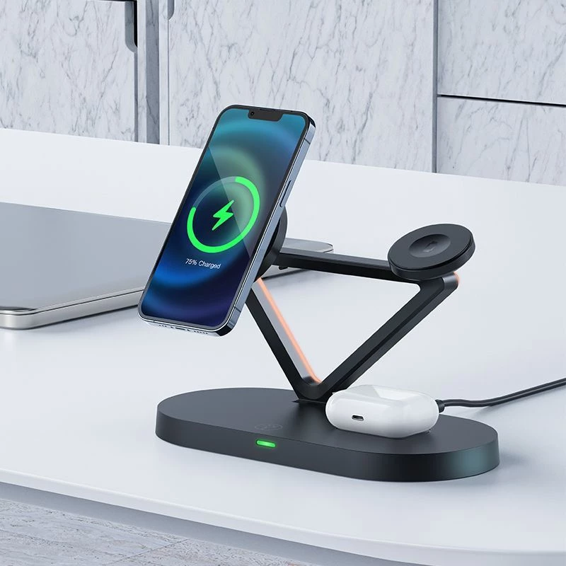 ACEFAST 15W Qi bezvadu lādētājs iPhone ar MagSafe, Apple Watch un Apple AirPods statīvs magnētiskais turētājs Melns