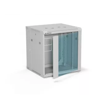 ALANTEC 19 inch Sienas Skapis 12U 600x600mm, Divsekciju, Stikla Durvis, Noņemami Sānu Paneli ar Slēdzeni, 4 Montāžas Sliedes, Pelēks, Plakanpakā