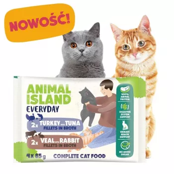 Animal Island mitrā kaķu barība ar teļa gaļu / trušu un tītaru / tunča fileju buljonā 4x85g