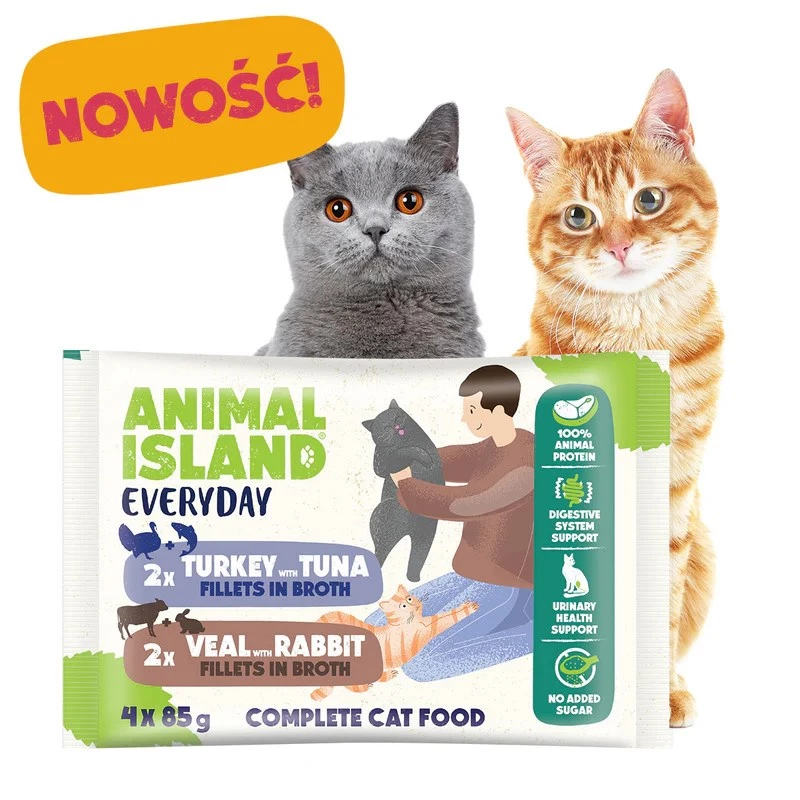 Animal Island mitrā kaķu barība ar teļa gaļu / trušu un tītaru / tunča fileju buljonā 4x85g