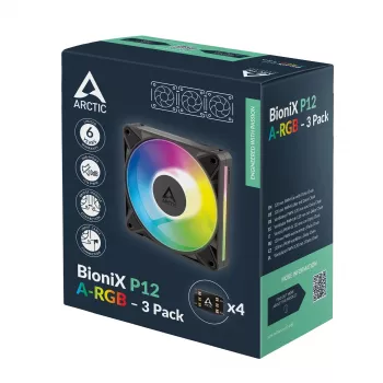 Arctic BioniX P12 A-RGB 120mm PWM korpusa ventilators (3 gab.) – adresējams RGB, 450-3000 RPM, 129 m³/h, melns