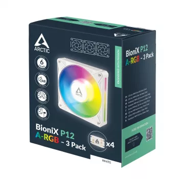 Arctic BioniX P12 A-RGB White 3-Pack – 120mm PWM korpusa ventilators ar adresējamu RGB un Daisy Chain, 450-3000 RPM