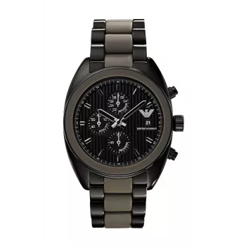 ARMANI AR5953 Vīriešu Hronogrāfa Pulkstenis 43mm Melns Ciparnīca Nerūsējošais Tērauds ar Silikona Aptinumu Siksniņu