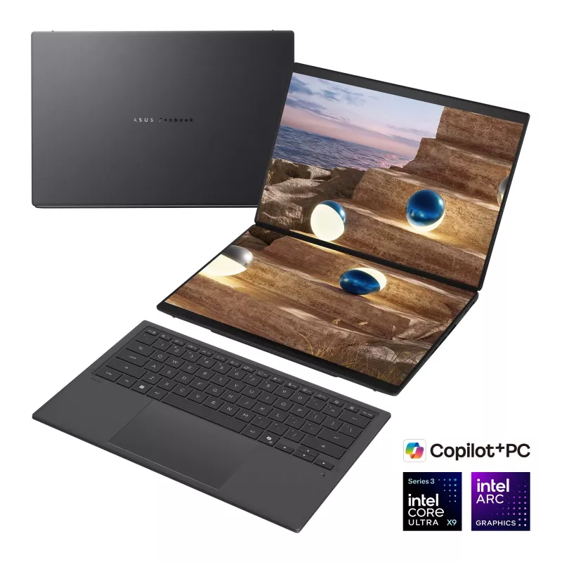 ASUS Zenbook Duo UX8407AA-SN066W 14 inch OLED Touchscreen 3K 144Hz Laptop, Intel Core Ultra 9 388H, 32GB LPDDR5X, 2TB SSD, Intel Arc Graphics, Windows 11 Home, Moher Gray