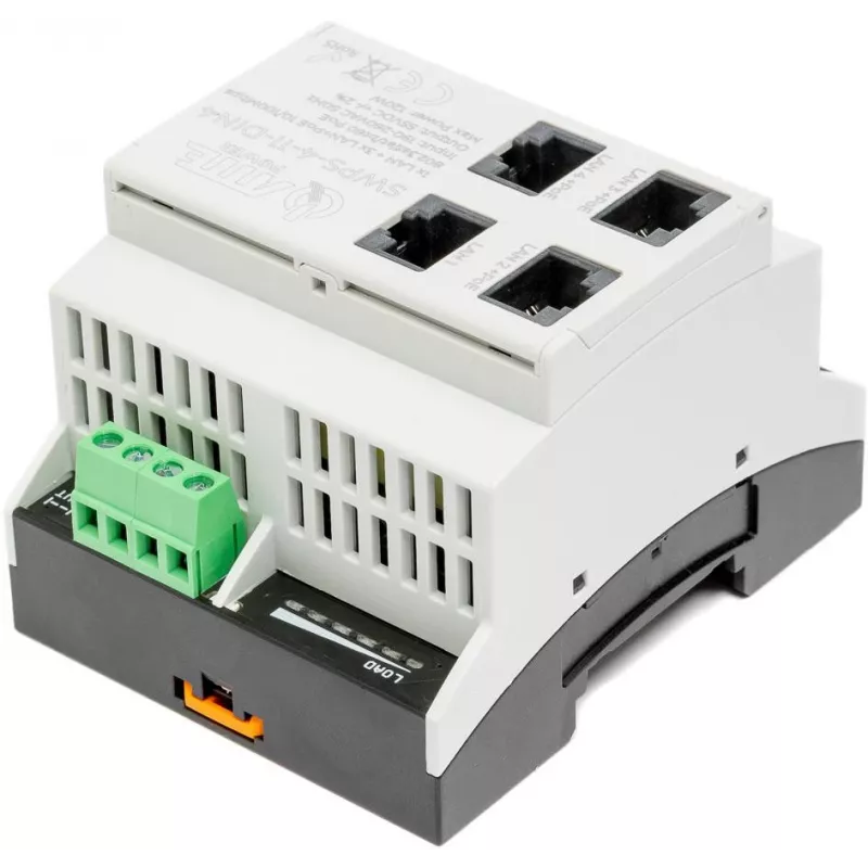 ATTE SWPS-4-11-DIN4 Industriālais 4 portu PoE+ slēdzis ar iebūvētu barošanas bloku, DIN sliedes stiprinājums, 60W budžets