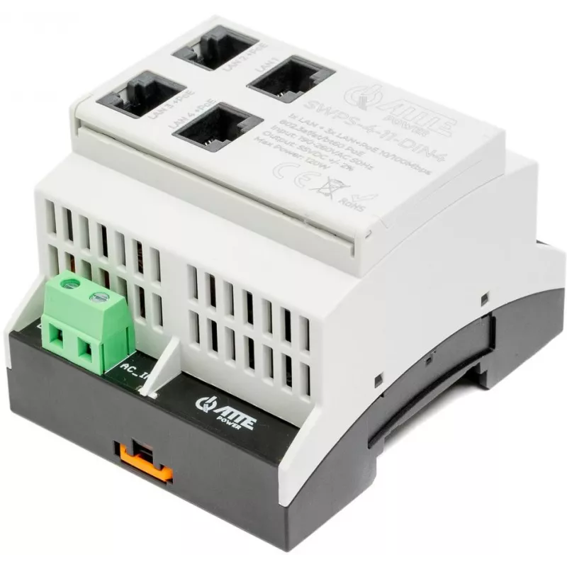 ATTE SWPS-4-11-DIN4 Industriālais 4 portu PoE+ slēdzis ar iebūvētu barošanas bloku, DIN sliedes stiprinājums, 60W budžets