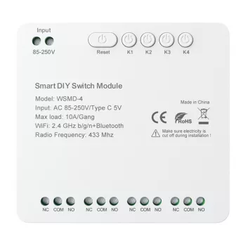 AVATTO WSMD-4 250V viedais slēdža modulis 1-gang, bez nulles vada, WiFi 2.4GHz, Tuya Smart, Alexa un Google Home saderīgs, 10A/2200W