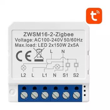 AVATTO ZWSM16-W2 ZigBee viedā slēdža modulis 2-Gang, Tuya Smart Life, Alexa un Google Home (nepieciešams nulles vads)