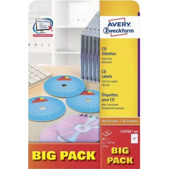 Avery Zweckform L7676A-40P CD/DVD etiķetes, Ø 117 mm, baltas, 40 loksnes / 80 etiķetes, A4, tintes un lāzerprinteriem