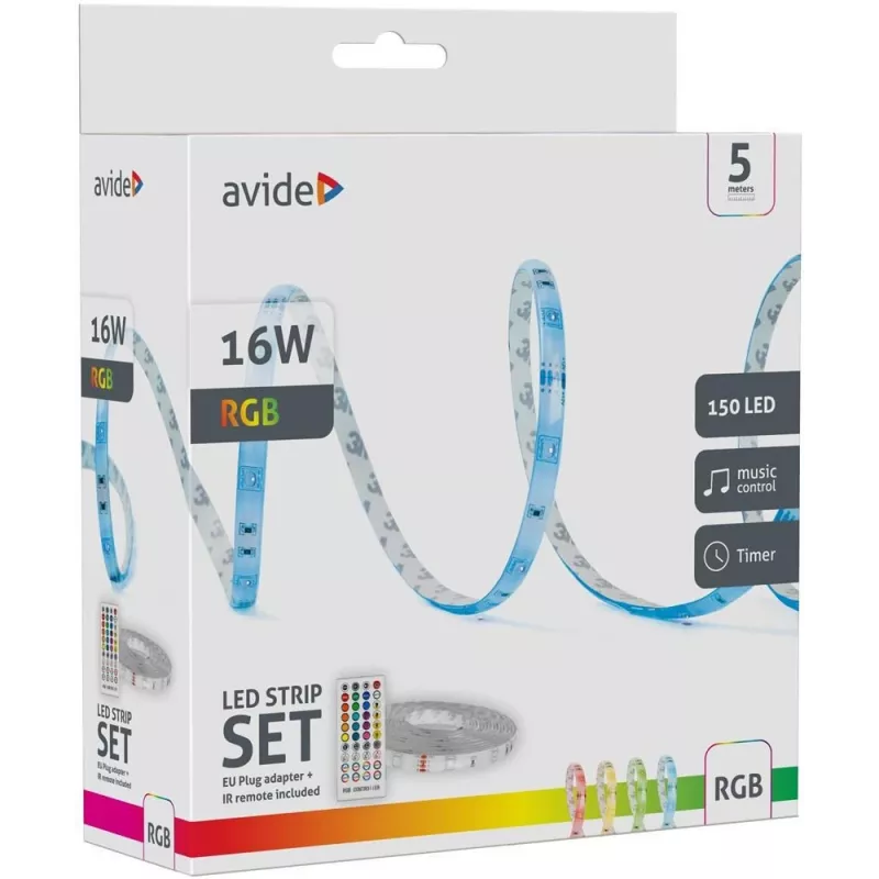 Avide LED Strip Blister 12V 16W RGB 5m ar IR tālvadību