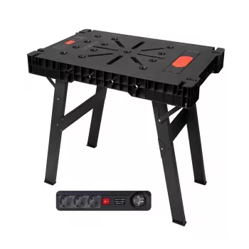 AWTOOLS Saliekamais Darbagalds ar Strāvas Sloksni, Ātra Salikšana, 1000x600x750 mm, 150 kg Ietilpība, Melns Rāmis, Dabīgs Koka Galda Virsma