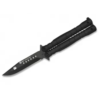 Balisong Butterfly nazis K25 02131 melns 440 nerūsējošā tērauda clip point asmens alumīnija rokturis