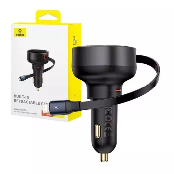 Baseus Auto Lādētājs Enjoyment Pro Ātrais Lādētājs Type-C Sievišķais, Lightning Vīrišķais (0,75m) Iebūvēts Izvelkams Kabelis, 55W Melns EU