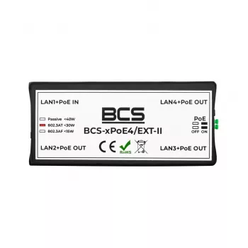 BCS-xPoE4/EXT-II 4 portu PoE+ slēdzis ar 1 augšupielādes portu, 60W budžetu un pagarināšanas režīmu līdz 250m