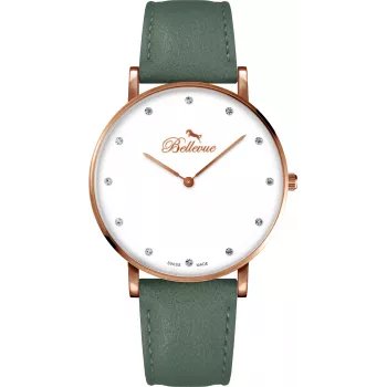 BELLEVUE Woman B57 40mm Quartz Analog Watch Silver Dial Black Leather
