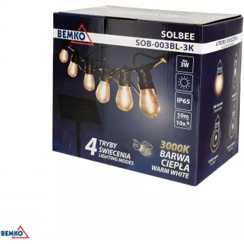 BEMKO SOLBEE Saules LED dārza virtene 10 LED 10m Silta balta 3000K IP65 Melna
