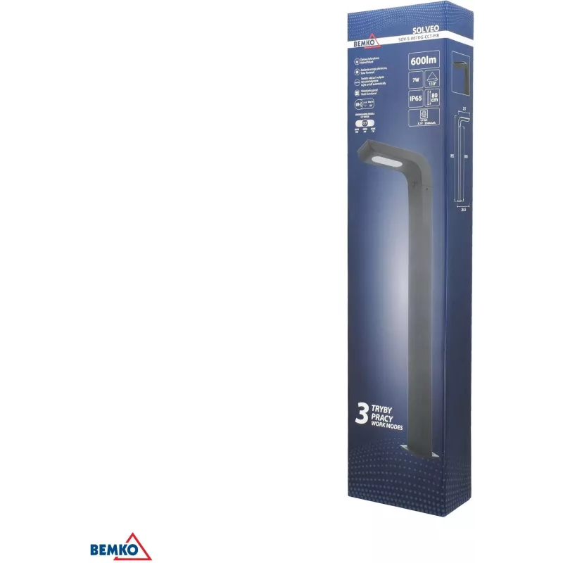 BEMKO SOLVEO Hybrid LED dārza staba lampa, 7W, 600lm, CCT 3000K/4000K/6500K, 80cm, IP65, tumši pelēka, PIR sensors
