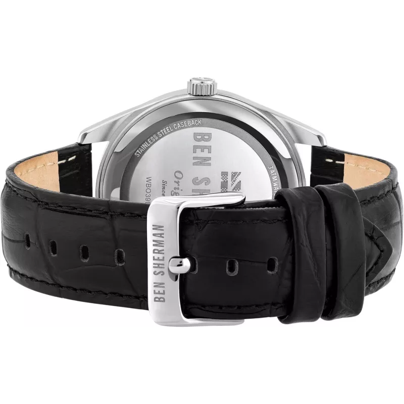 Ben Sherman WB039BB vīriešu analogais kvarca pulkstenis ar 43 mm melnu ciparnīcu un melnu ādas siksniņu
