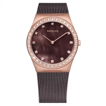 BERING sieviešu pulkstenis 12430-262 30mm rožu zelta nerūsējošā tērauda siets brūns saules staru ciparnīca