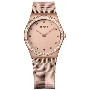 BERING Sieviešu Pulkstenis 12430-366 30mm Roze Zelts Nerūsējošais Tērauds Brūns Saules Staru Ciparnīca