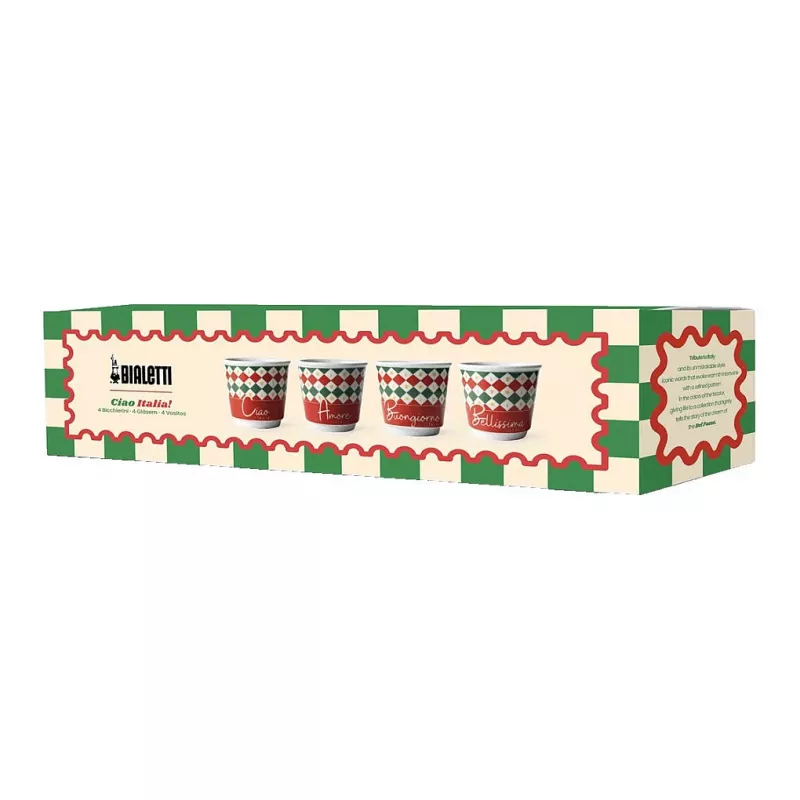 Bialetti 4 Tricolore Espresso glāžu komplekts, 80 ml, stikls, Itālijas karoga krāsās, trauku mazgājamā mašīnā drošs