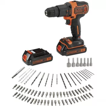 BLACK+DECKER 18V Bezvadu Triecienurbjmašīna BDCHD18BAFC, Melna/Orangža, 2x 1.5Ah Li-Ion Akumulatori, 80-Daļu Piederumu Komplekts, Kastes Komplekts