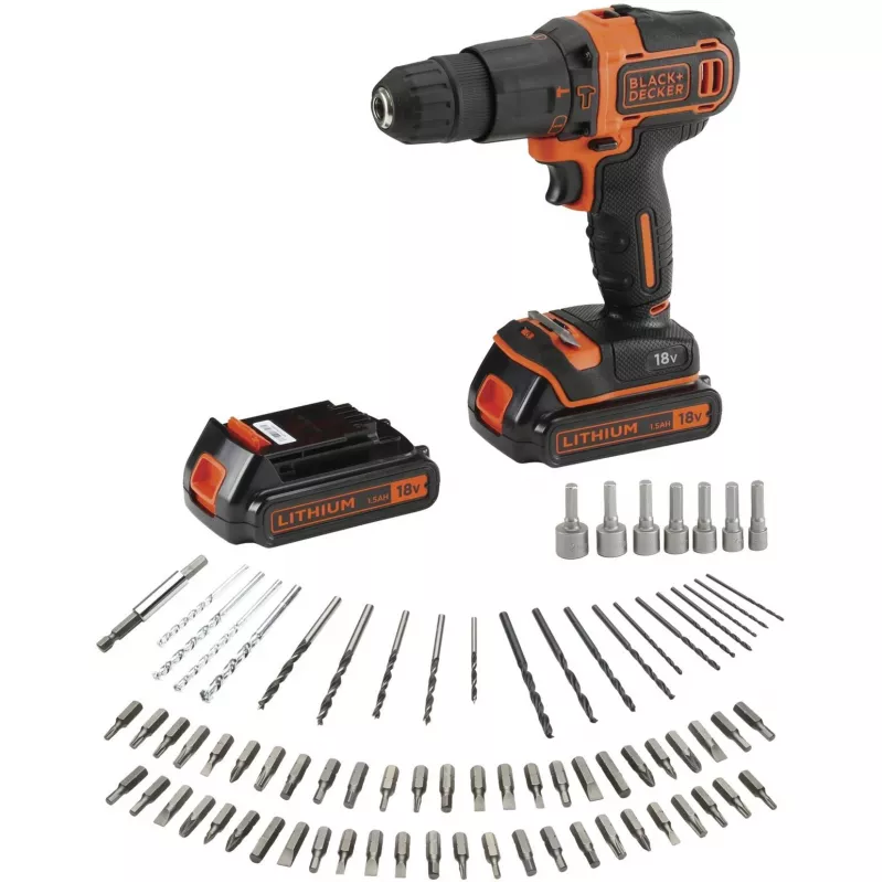 BLACK+DECKER 18V Bezvadu Triecienurbjmašīna BDCHD18BAFC, Melna/Orangža, 2x 1.5Ah Li-Ion Akumulatori, 80-Daļu Piederumu Komplekts, Kastes Komplekts