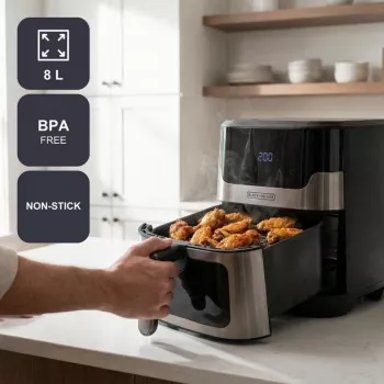 BLACK+DECKER BXAF8001E 8L Digitālais gaisa friteris, 1700W, 8 programmas, nepiedegošs grozs, melns