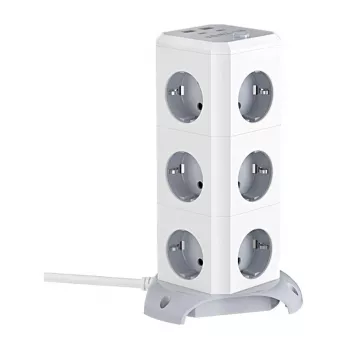 BlitzWolf BW-EC3 Vertikālā kontaktligzda ar 12 rozetēm, 4 USB portiem, 2m kabeli, EU spraudni