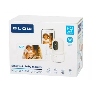 BLOW Electronic Baby Monitor ar 5.5 inch LCD WiFi monitori, Full HD kamera, Pan/Tilt/Zoom, nakts redzamība, divvirzienu audio, temperatūras sensors, šūpuļdziesmas, 300m darbības rādiuss