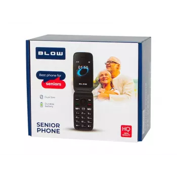 BLOW S24 melns senioru salokāmais telefons ar SOS pogu, lielām pogām, Dual SIM, kameru, FM radio, lukturīti, uzlādes statīvu